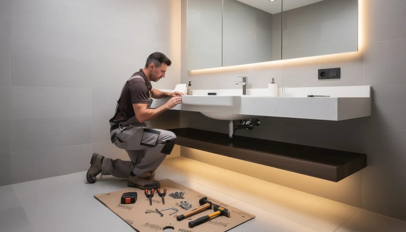 Montaż umywalki – jak rozwiązać trudne mocowania w kamieniu, spiekach i konglomeratach dzięki Keep-Nut 4 Na zdjęciu widoczny jest profesjonalista montujący umywalkę nablatową w nowoczesnej łazience hotelowej. Umywalka jest umieszczona na eleganckim blacie, a montaż obejmuje podłączenie do instalacji wodnej oraz zabezpieczenie dolnych krawędzi umywalki silikonem sanitarnym.