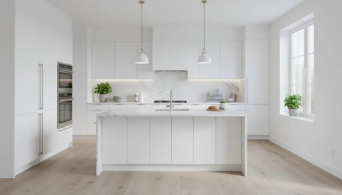 Montaż umywalki HPL - jak rozwiązać trudne mocowania dzięki Keep-Nut 2 Na obrazie znajduje się piękna kuchnia w białych kolorach, z nowoczesnymi powierzchniami wykonanymi z laminatu HPL, które charakteryzują się wysoką odpornością na wilgoć i uszkodzenia mechaniczne. W kuchni można dostrzec funkcjonalne blaty umywalkowe oraz estetyczne krawędzie, które zapewniają łatwość utrzymania czystości.