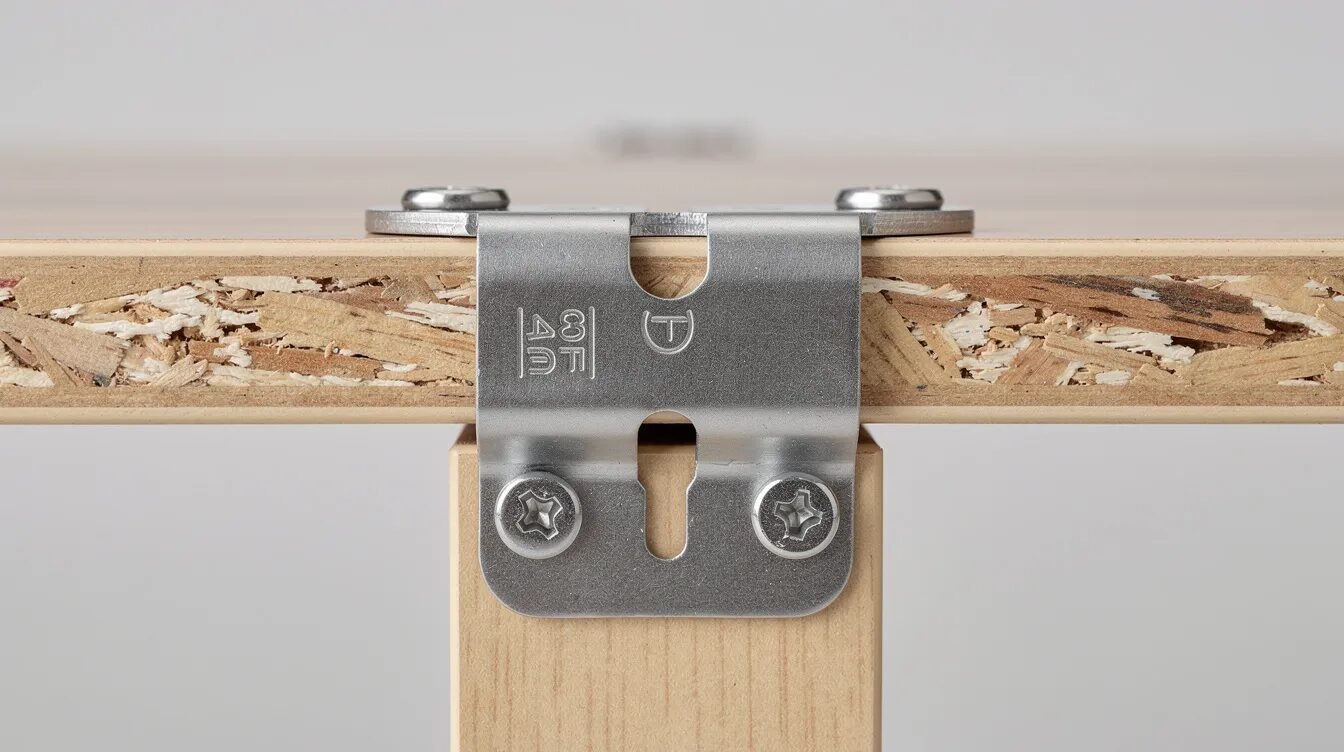 Na zdjęciu znajduje się zbliżenie na stalowy klips montażowy, wykonany ze stali nierdzewnej, zamocowany do płyty meblowej. Klips ten jest częścią systemu klipsów, który zapewnia trwałe połączenie i przenoszenie obciążeń, minimalizując ryzyko uszkodzeń materiałów.