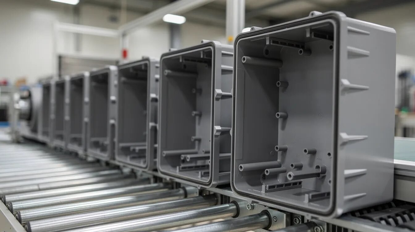 Na linii produkcyjnej widać rząd plastikowych obudów elektronicznych, które są przygotowywane do montażu. Obudowy wykonane z tworzyw sztucznych mają widoczne punkty montażowe, gdzie planowane jest umiejscowienie wkładek gwintowanych, zapewniających trwałe połączenie w urządzeniach.