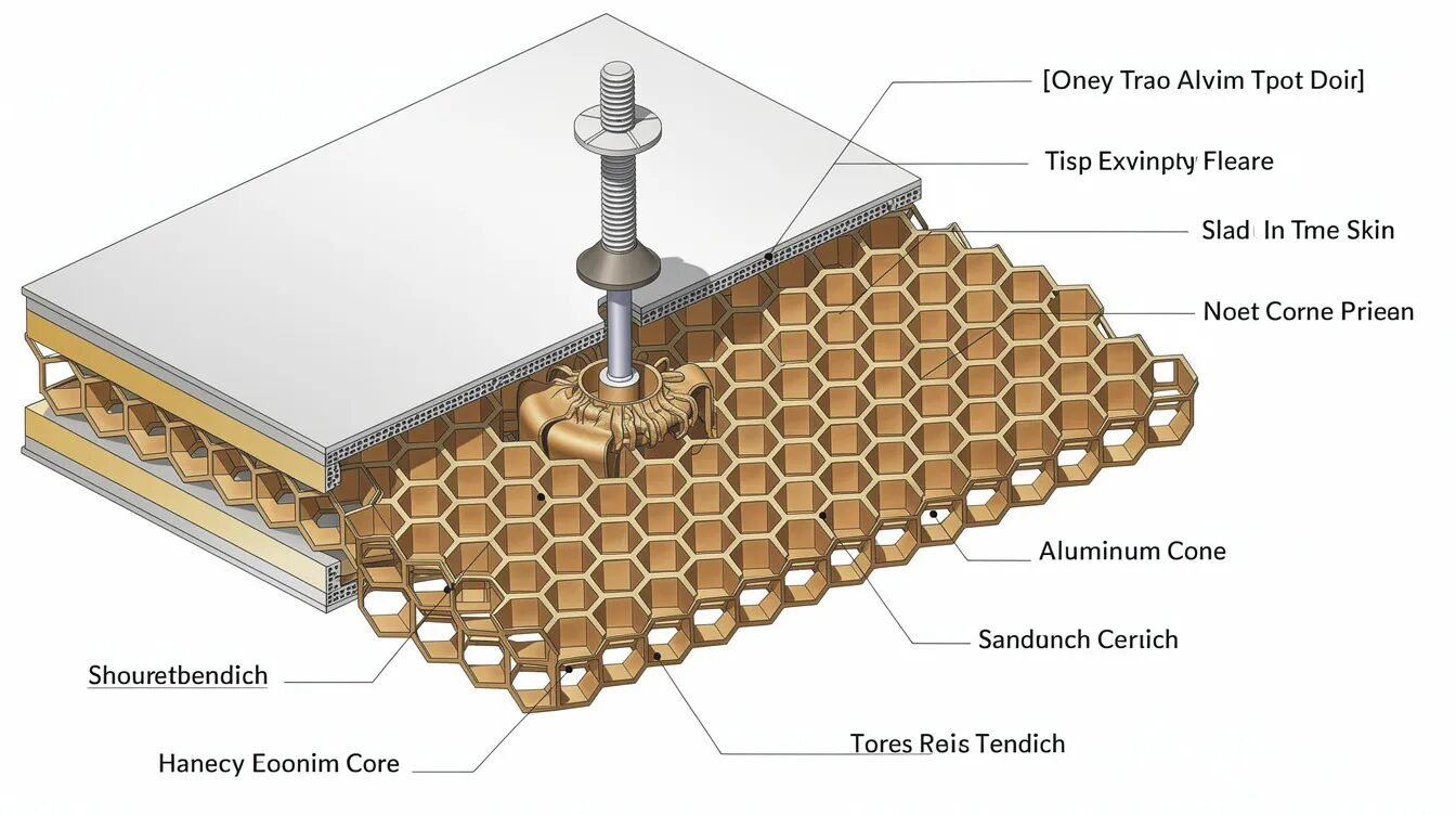 Na obrazie przedstawiony jest przekrój panelu plastra miodu, w którym widoczna jest struktura komórkowa oraz zamontowana nitonakrętka. Nitonakrętki, idealne do mocowania w cienkich blachach, charakteryzują się wysoką odpornością i trwałością, co czyni je niezbędnymi w różnych aplikacjach budowlanych i elektrotechnicznych.