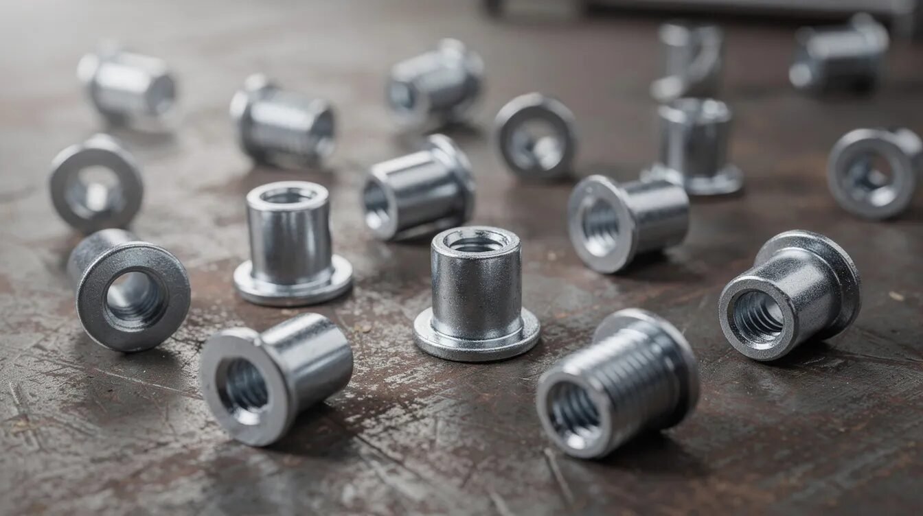 Czym są nitonakrętki samohamowne? 2 Na zdjęciu widać zbliżenie na różne nitonakrętki przelotowe z widocznym gwintem wewnętrznym i kołnierzem, ułożone na przemysłowym warsztacie. Te elementy złączne, stosowane w konstrukcjach stalowych i aluminiowych, charakteryzują się trwałością połączenia oraz szerokim zastosowaniem w różnych gałęziach przemysłu.