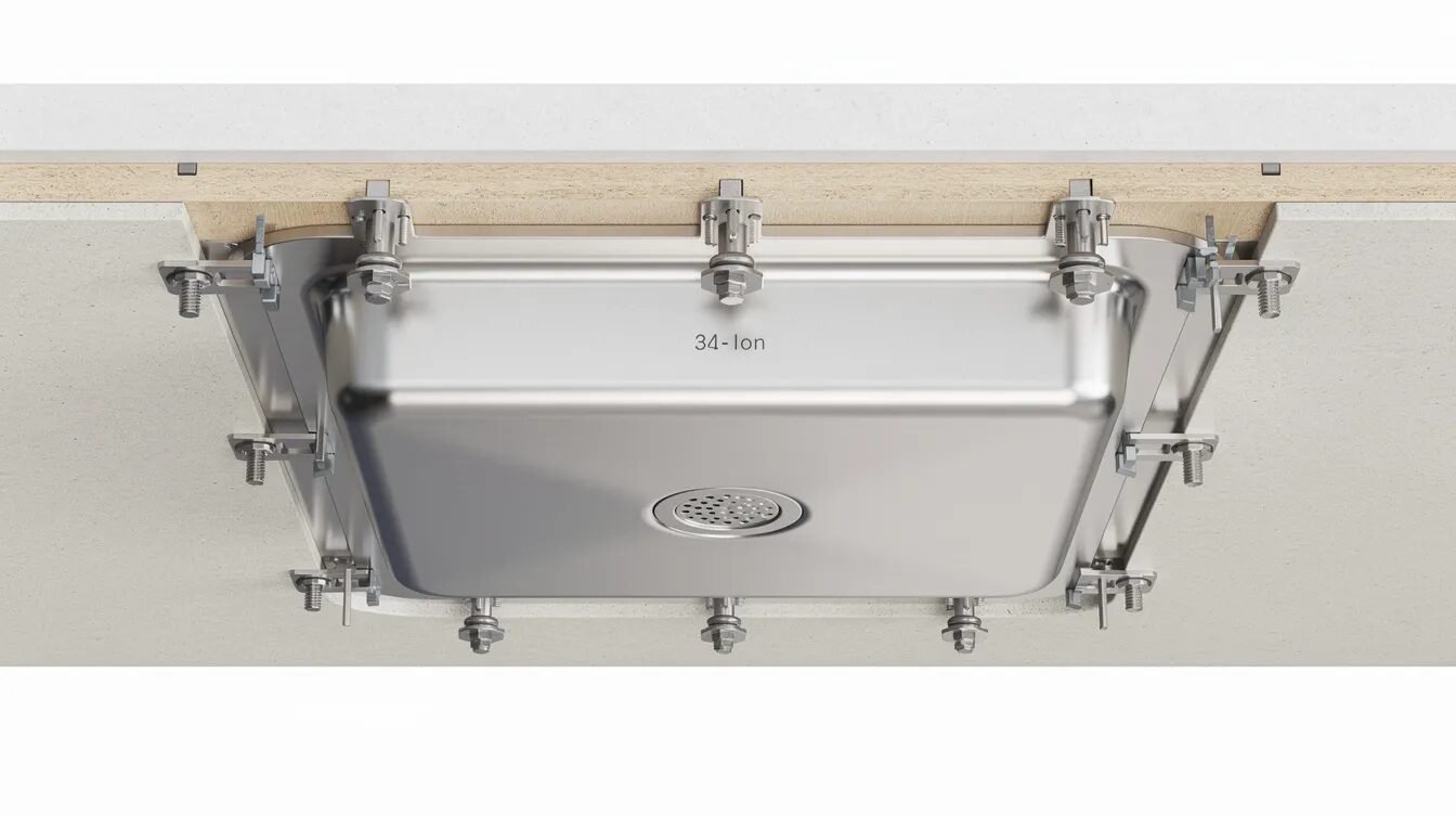 Widok zainstalowanego zlewu podwieszanego od spodu, z widocznymi punktami mocowania oraz otworami na kołki rozporowe, które zapewniają stabilność montażu zlewu na cienkich blatach. Widać również wkładki keep nut, które są kluczowe dla prawidłowego podwieszania zlewozmywaka w kuchni.