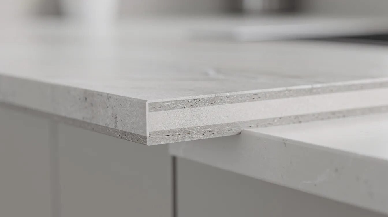 Zbliżenie na cienki blat kuchenny o grubości 10 mm, ukazujące przekrój materiału HPL oraz otwory do montażu zlewu. Widoczne są również elementy, takie jak kołki rozporowe i wkładki keep nut, które zapewniają stabilność blatu podczas montażu.