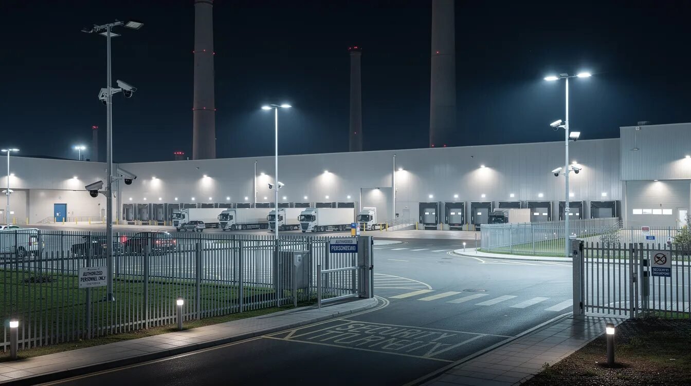 Obraz przedstawia przemysłowy obiekt, wyposażony w kamery bezpieczeństwa oraz infrastrukturę oświetleniową, co zapewnia najwyższy poziom zabezpieczenia. Elementy te są dostosowane do potrzeb działalności leczniczej w ramach krajowej sieci onkologicznej.