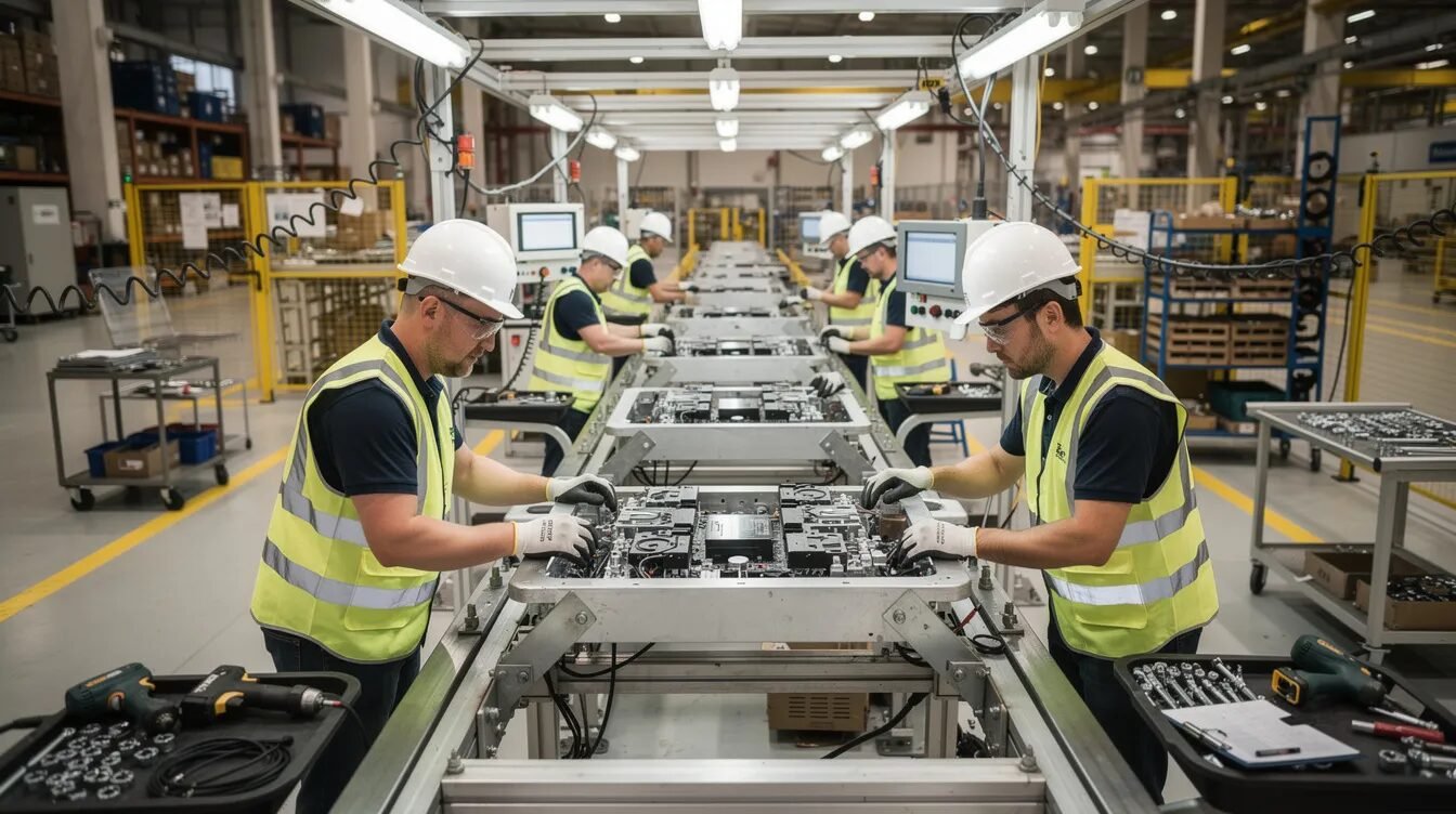 Na zdjęciu widać pracowników linii montażowej, którzy instalują komponenty na metalowych ramach. Efektywna optymalizacja procesu montażu w przemyśle może przyczynić się do skrócenia czasu potrzebnego na finalizację transakcji i zidentyfikować wąskie gardła w produkcji.