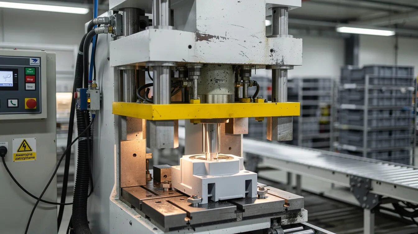 Na zdjęciu widoczna jest przemysłowa prasa pneumatyczna, która wciska metalowy element w plastikowy detal, co ilustruje zastosowanie wkładek gwintowanych w tworzywach sztucznych. Proces ten zapewnia trwałe połączenie, które charakteryzuje się wysoką wytrzymałością oraz odpornością na ścieranie i korozję.