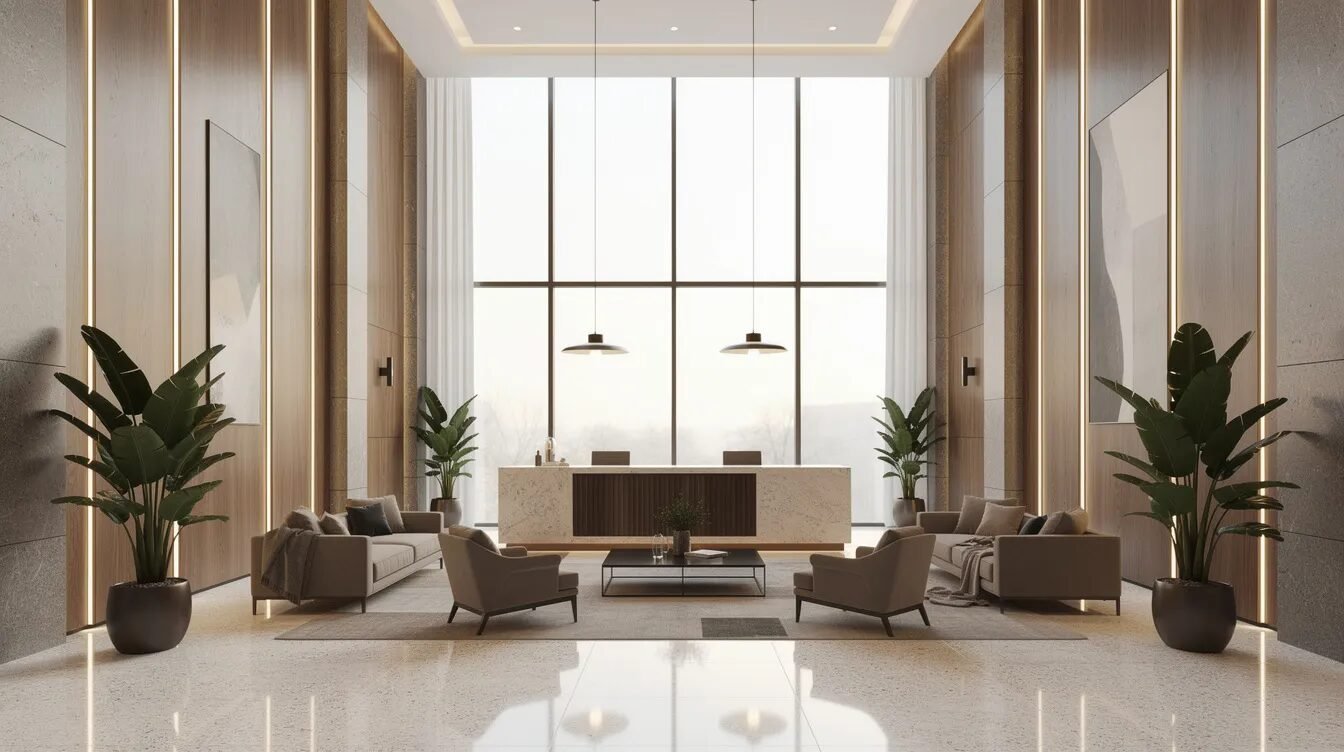 Nowoczesne lobby hotelowe z eleganckimi ciężkimi panelami ściennymi, które charakteryzują się najwyższą wytrzymałością i ukrytym mocowaniem. Wnętrze jest starannie zaprojektowane, a panele podłogowe idealnie współgrają z całością, tworząc przyjemną atmosferę dla gości.