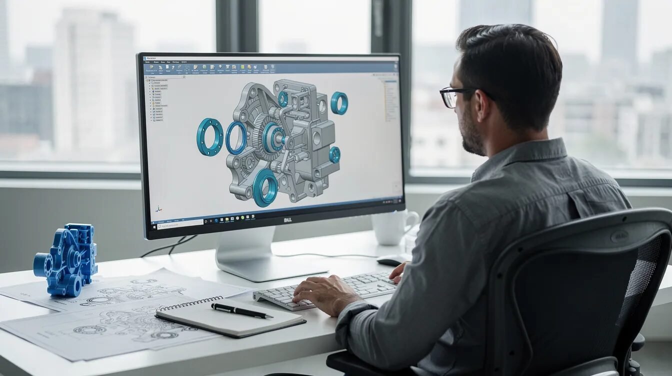 Inżynier analizuje model CAD w czasie rzeczywistym na ekranie komputera w nowoczesnym biurze, co może przyczynić się do skutecznej optymalizacji procesów i zidentyfikowania wąskich gardeł w projektach. Praca nad takimi rozwiązaniami zwiększa efektywność i zaangażowanie zespołu w realizacji kluczowych decyzji.