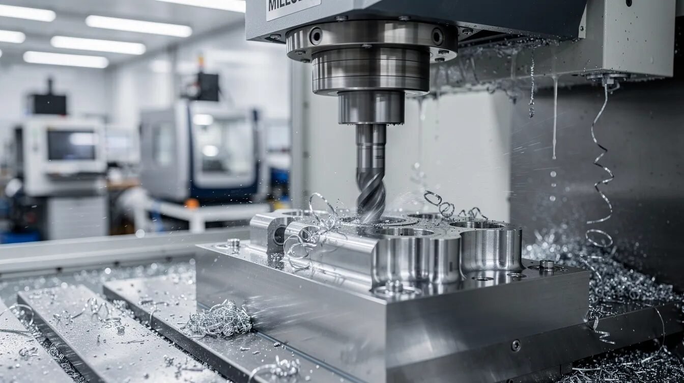 Obraz przedstawia przemysłową maszynę CNC do frezowania, która precyzyjnie tworzy metalowe komponenty, takie jak śruby. Maszyna działa na najwyższym poziomie zabezpieczenia, co zapewnia wysoką jakość i dostosowanie do potrzeb produkcji.