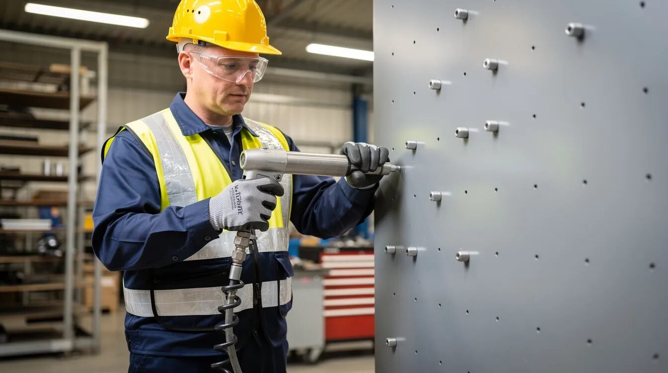 Czym są nitonakrętki samohamowne? 3 Na zdjęciu widać pracownika przemysłowego, który instaluje nitonakrętki przelotowe w cienkościennej panelu metalowym za pomocą pneumatycznego narzędzia do montażu. Nitonakrętki, stosowane w różnych gałęziach przemysłu, zapewniają trwałość połączenia i stabilność w konstrukcjach aluminiowych oraz stalowych.